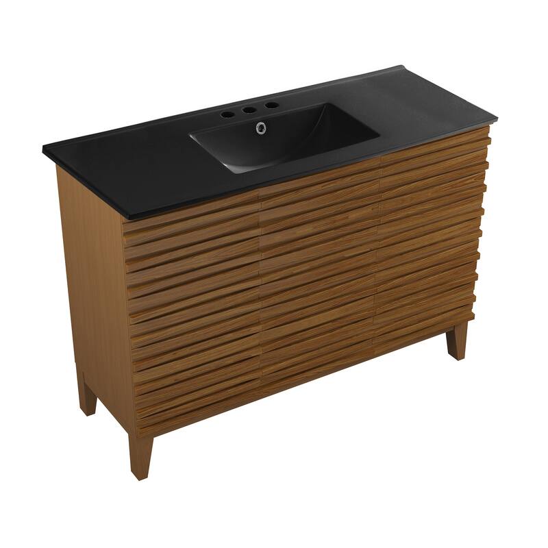Cascade 48 In. Brown Oak Bathroom Vanity With Black, 3-Hole Ceramic Sink Top