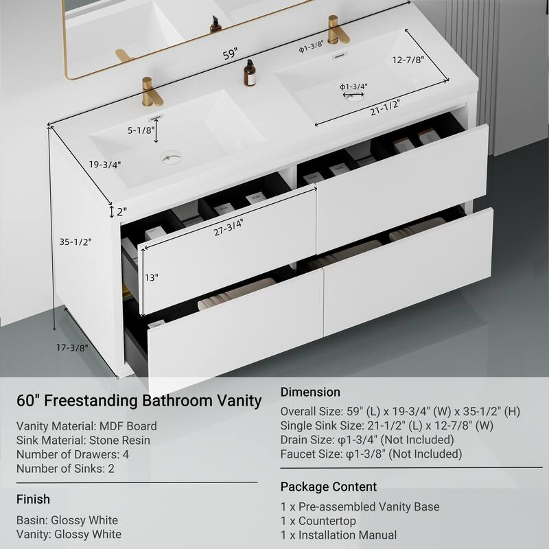 GDFStudio 60" Freestanding Bathroom Vanity with Double Sinks