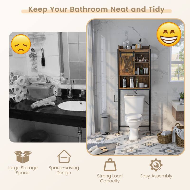 4-Tier Over Toilet Storage Cabinet with Adjustable Shelves and Sliding Door for Bathroom Organization - 25"W x 9.5"D x 67.5"H