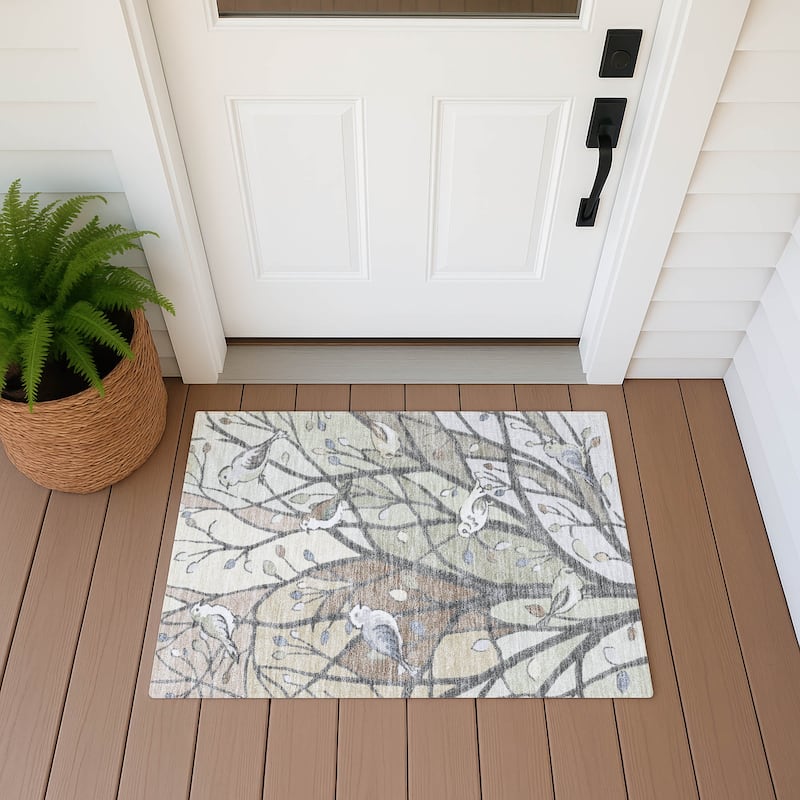 Machine Washable Indoor/ Outdoor Bird Mosaic Chantille Rug - Beige - 1'8" x 2'6"