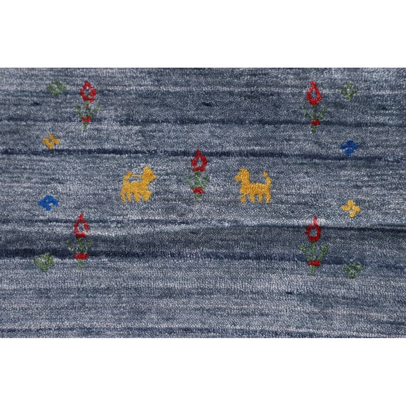 Tribal Blue Gabbeh Area Rug Handmade Silk Carpet - 7'11"x 9'8"