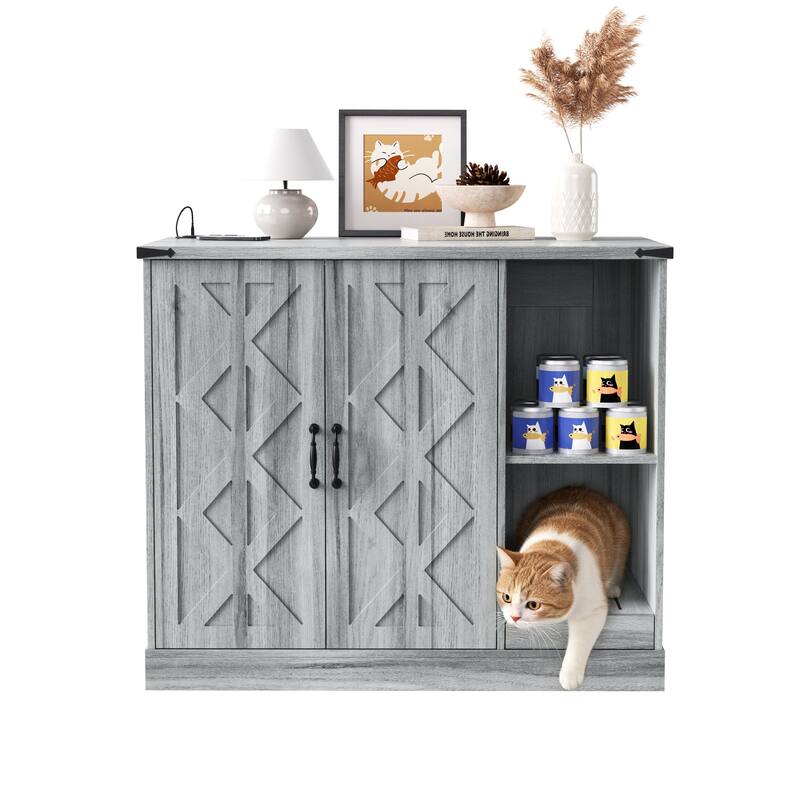 Cat Litter Box Cabinet with Power Outlet, Box Furniture for Automatic Litter Boxes, with Litter Catcher, Adjustable Shelves