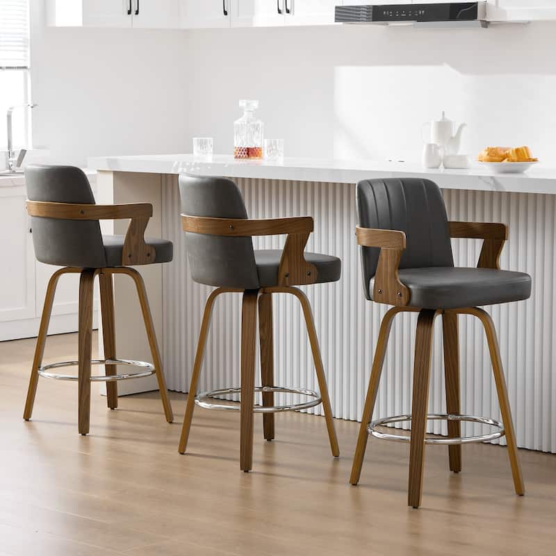 Upholstered Swivel Barstool with Arms and Bentwood Legs - 40.8"H x 18.9"W x 19.5"D/19.3"D