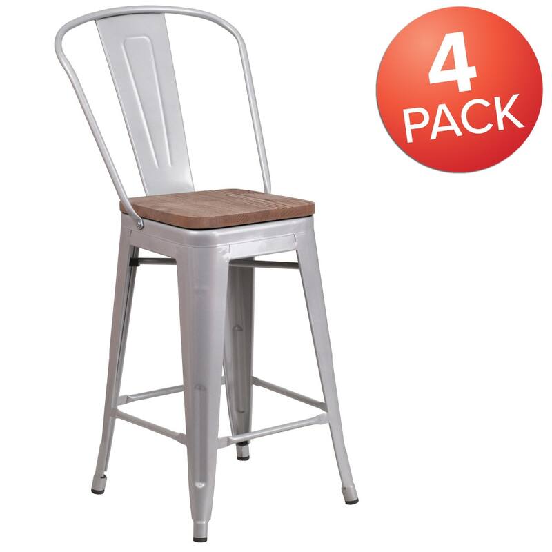 4 Pack 24" High Metal Counter Height Stool with Back and Wood Seat - 17.75"W x 20"D x 39.25"H