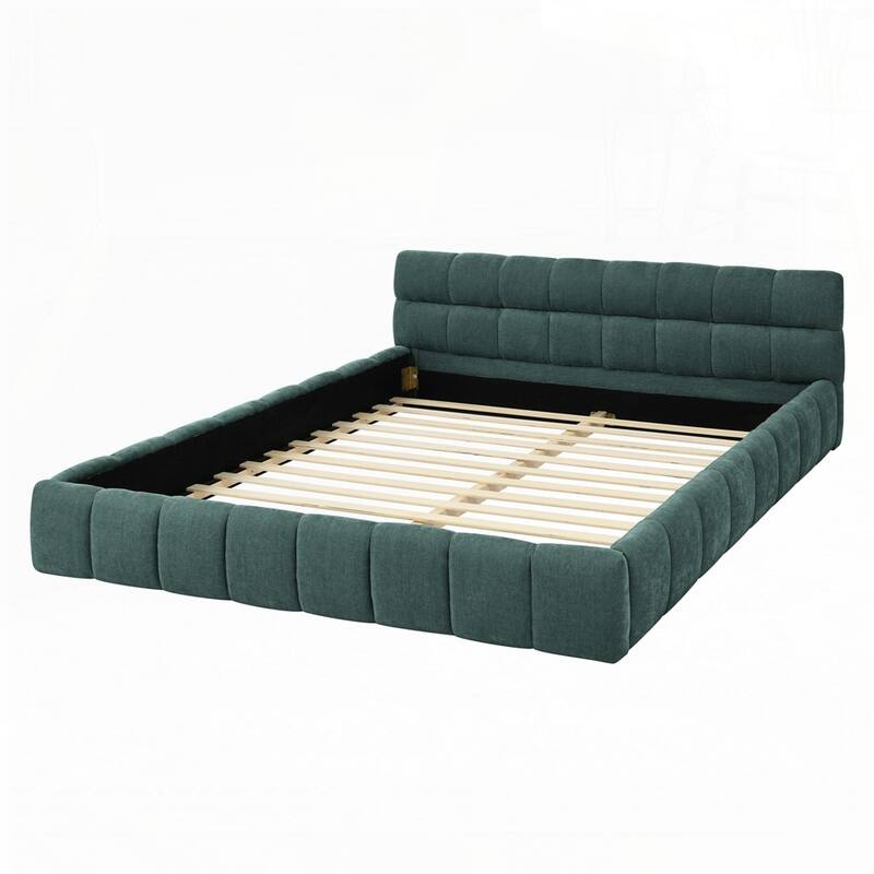Chenille Fabric Grounded Queen Size Platform Bed with Headboard and Solid Frame