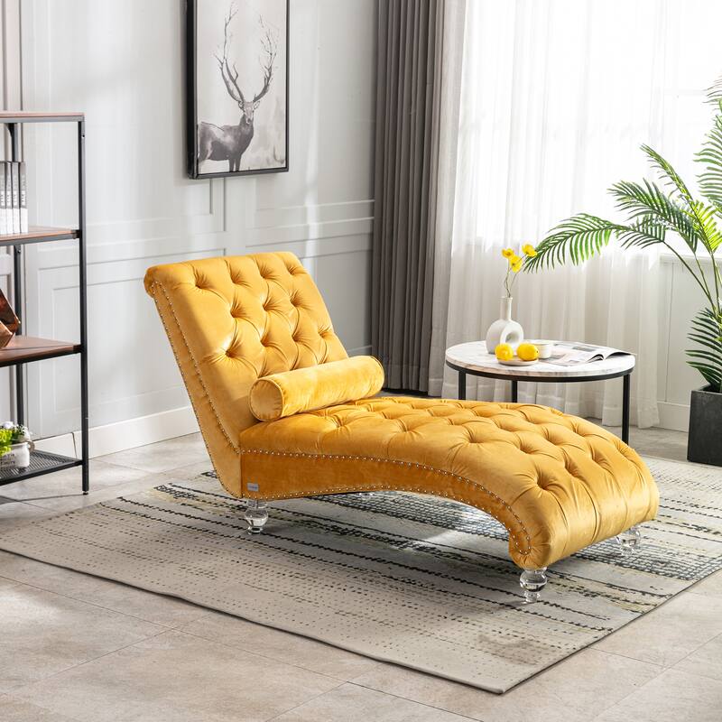 Button-Tufted Upholstered Velvet Recliner Chaise with Pillow and Acrylic Feet