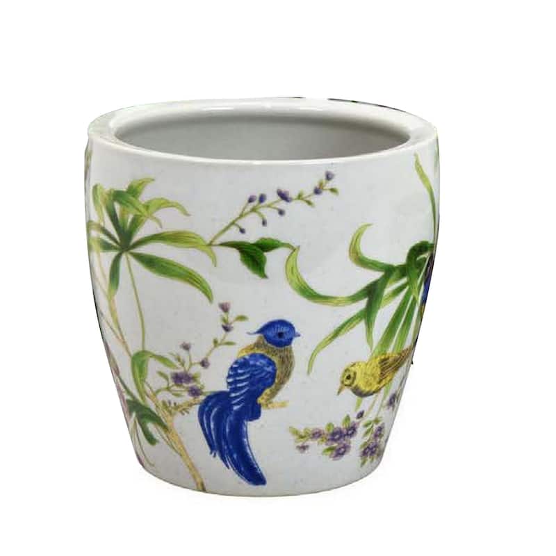 Kerry Planter Pot Set of 4, Floral Bird Pattern, White Green Ceramic