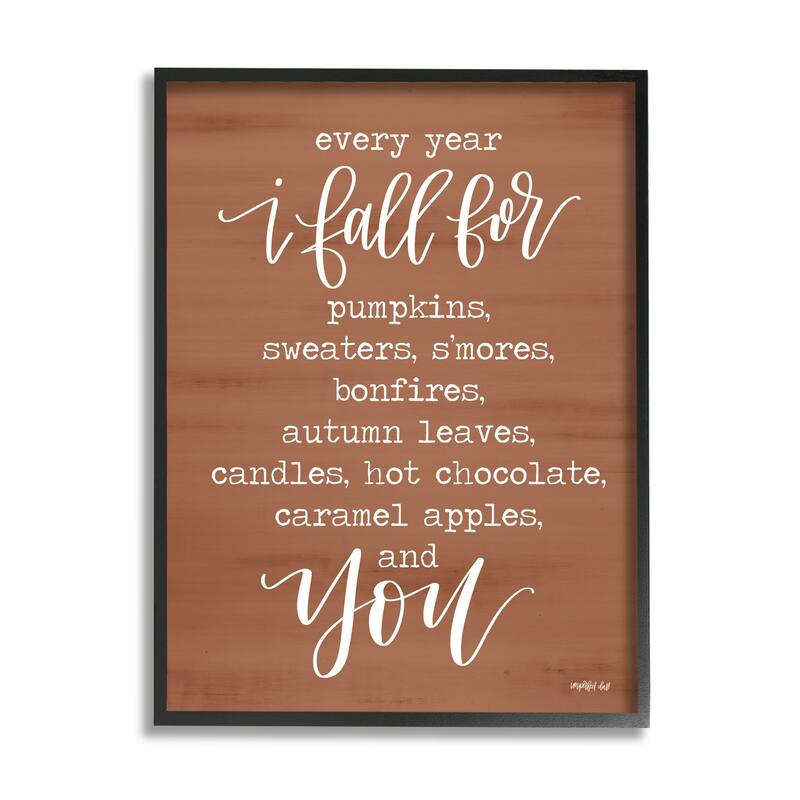 Stupell Cozy Romantic Autumn Quote Brown Seasonal Calligraphy Framed Wall Art - White - 24 x 30 - Black