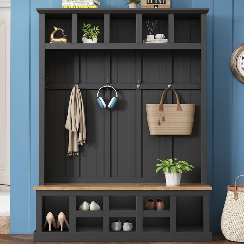 Modern Hall Tree with Wide Storage Seating Bench, Entryway Shoe Cabinet with 13 Compartments, Elegant Coat Rack with 6 Hooks