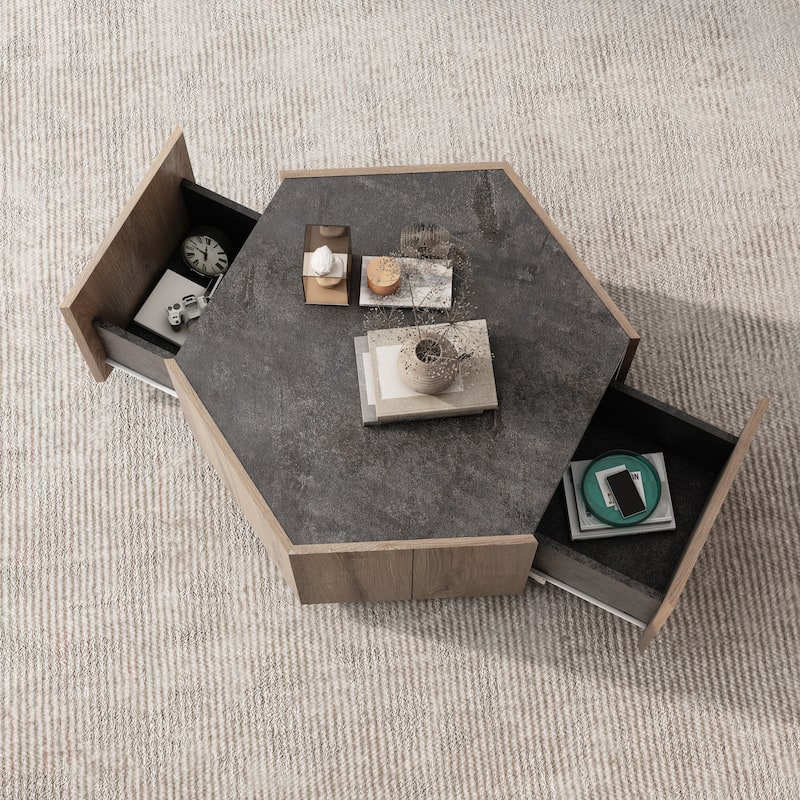 Hexagonal Coffee Table With Storage Drawer Rural Style Side End Table For Living Room Dining Room Bedroom