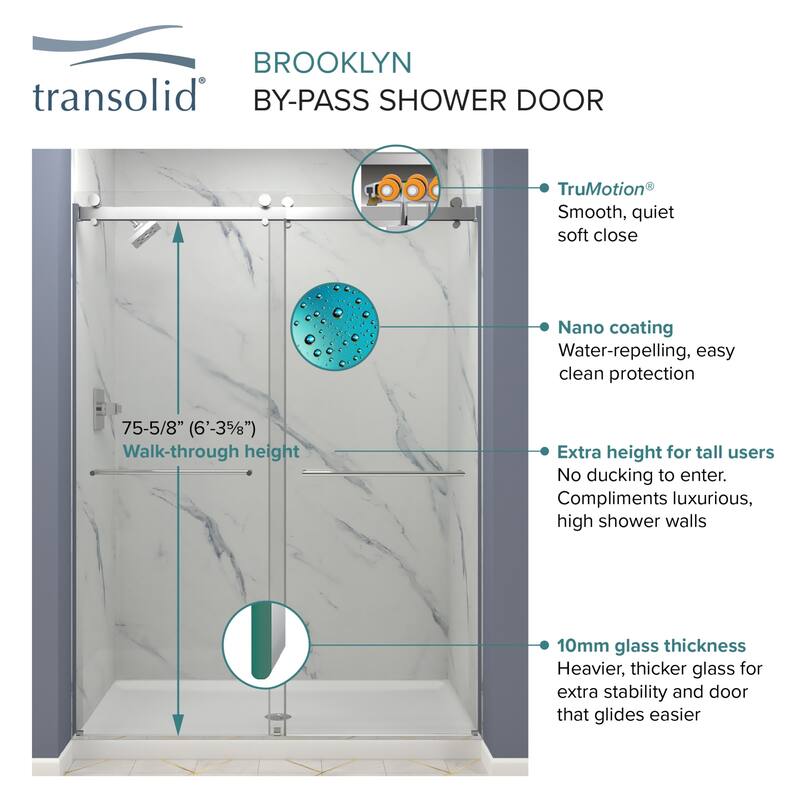 Transolid BYPT608010C-BP 80" High x 60" Wide Bypass Frameless Shower