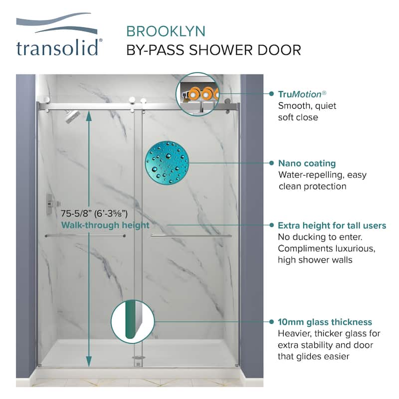 Transolid BYPT608010C-N 80" High x 60" Wide Bypass Frameless Shower
