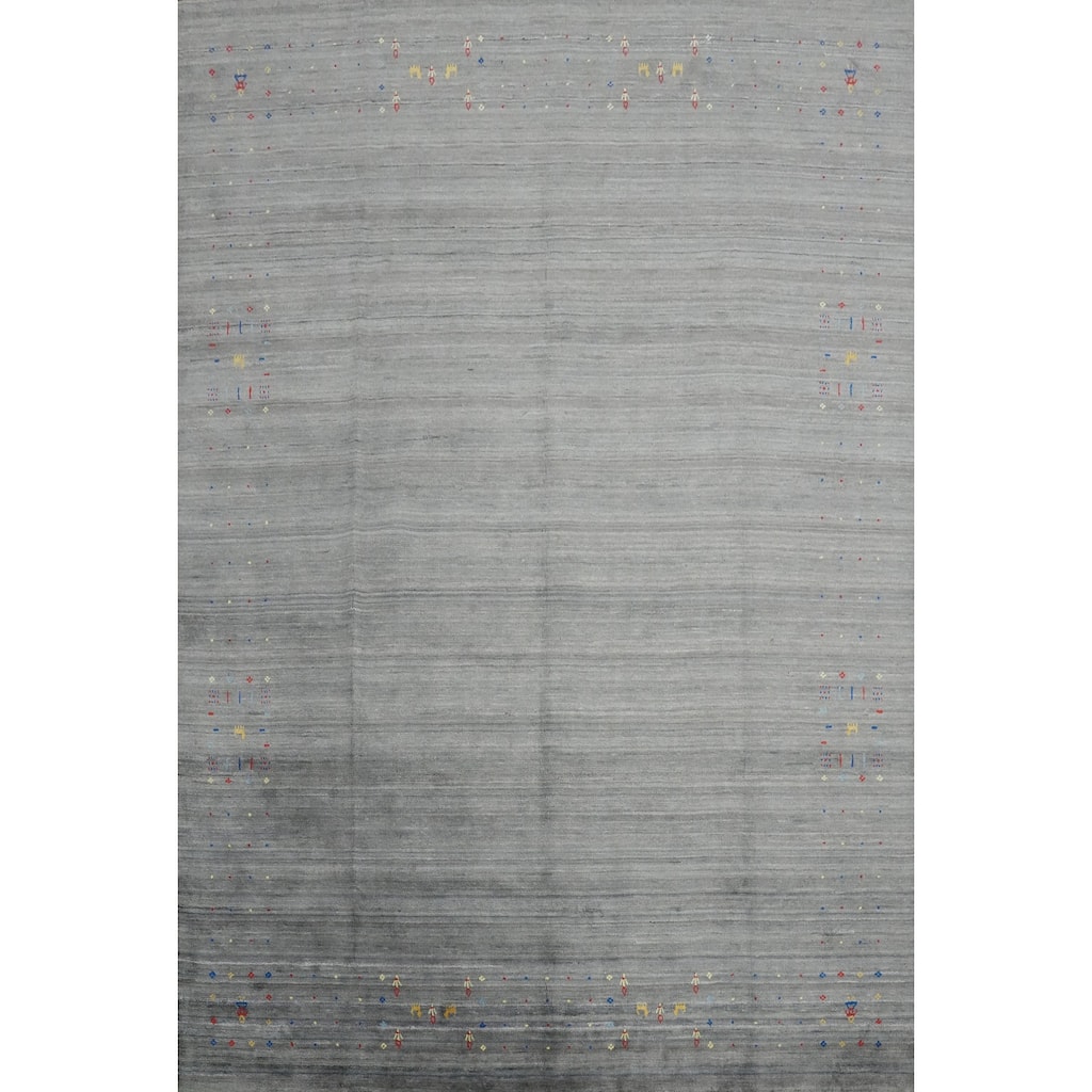 Hand Knotted Oriental Viscose Silk Carpet Tribal Animal Pictorial Greys & Charcoal Gabbeh Area Rug - 9' 11'' X 8' 1''