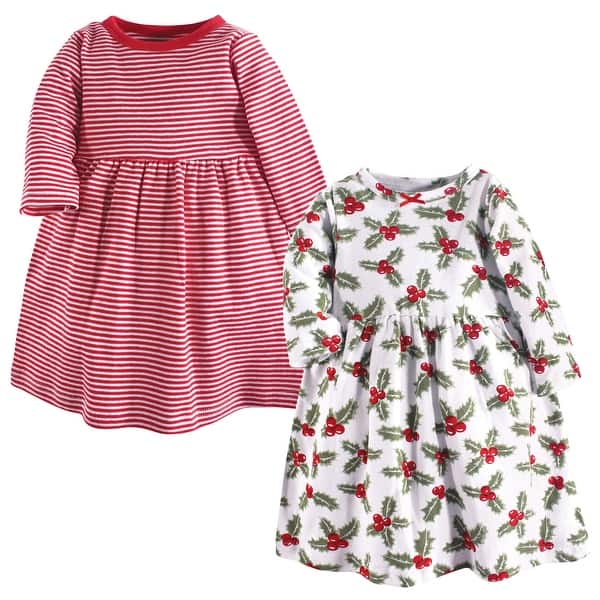 slide 1 of 1, Hudson Baby Infant and Baby Girl Long-Sleeve Cotton Dresses 2pk, Holly 0-3 Months - Holly