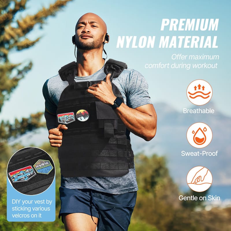 Black Nylon Adjustable Weighted Vest with Pocket, Up to 40 lbs Capacity - 40 lbs