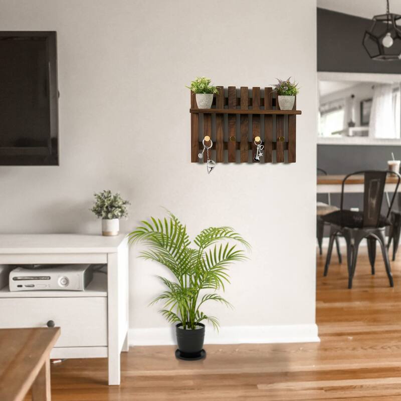 Dark Solid Wood Wall Organizer With Tray Storage - 15.35" L