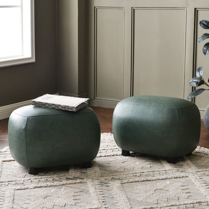 KINWELL 23" Wide Faux Leather Upholstered Ottoman Footrest, PU Entryway Footstool - Set of 2 - Green