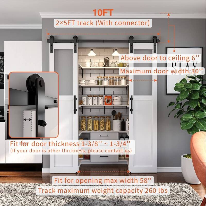 WINSOON 4-14 FT Sliding Barn Door Hardware Track Kit for Double Doors I Style Rollers - 10FT