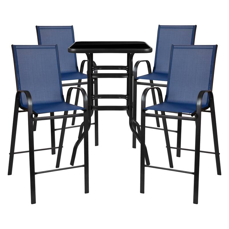 5 Piece Outdoor Glass Bar Patio Table Set with 4 Barstools