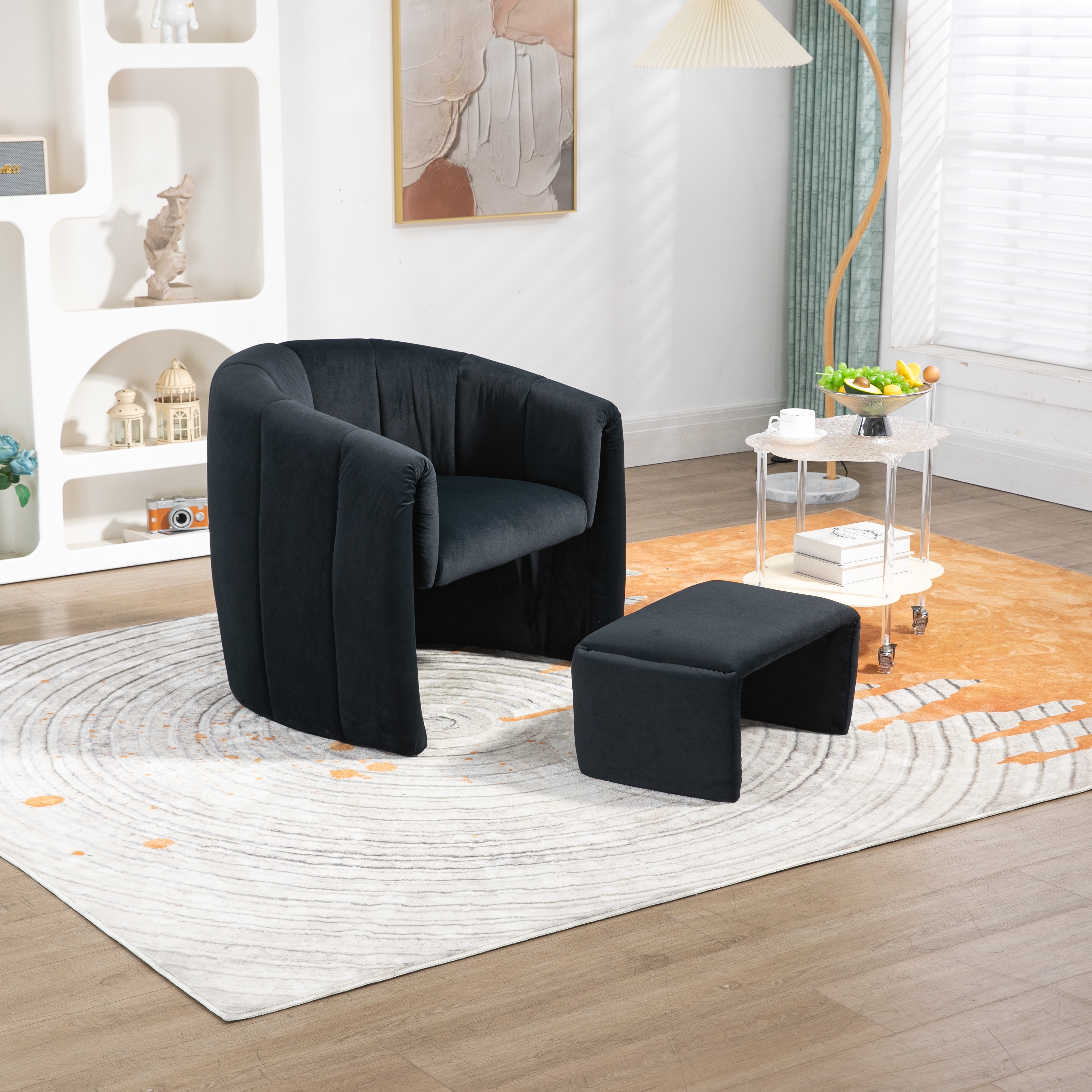 Modern Velvet Black Sofa Chair Livingroom Accent Chair with Ottoman ...
