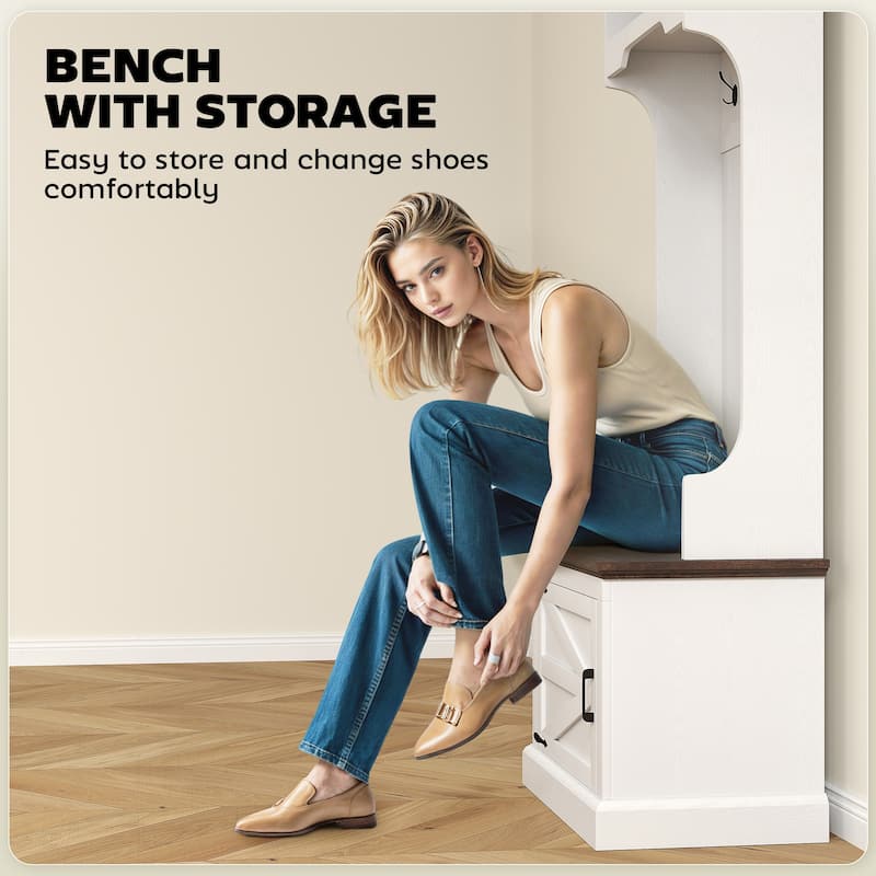 Multi-Functional Hall Tree with Bench Coat Rack Shoe Storage and Top Storage Compartments - 23.1" W x 15.7" D x 70.9" H