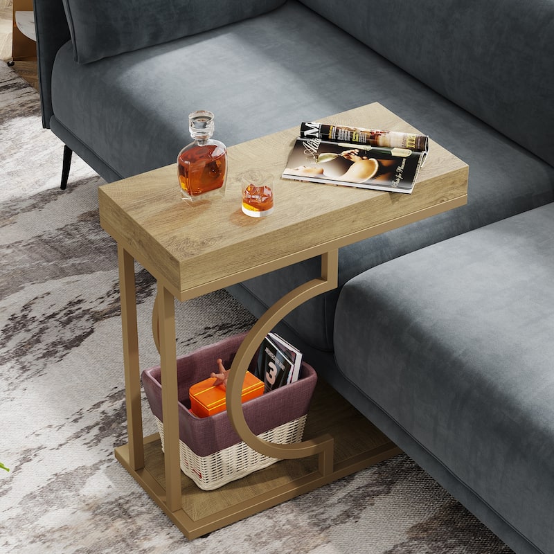Narrow Side Table End Table Modern Bedside Tables Small Chairside Table for Couch, Sofa Table for Living Room - LightBrown+Gold