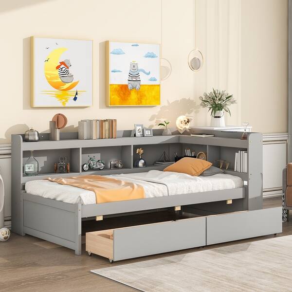 slide 2 of 18, Twin Size Platform Bed with L-Shaped Bookcase and 2 Drawers, Captain Bed Frame with Bookcase Headboard for Kids Teens Boys Girls Gray - Twin