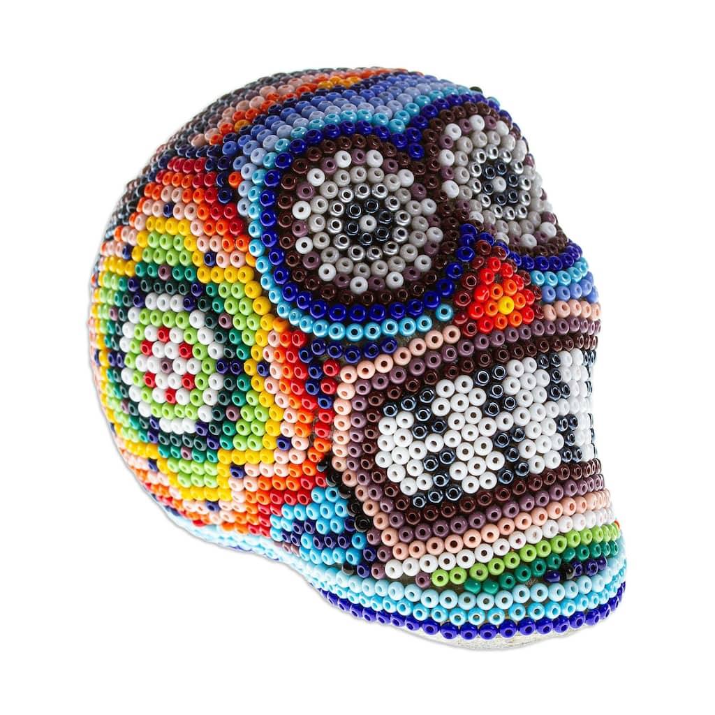 Novica Handmade Huichol Grin Huichol Beaded Papier Mache Skull