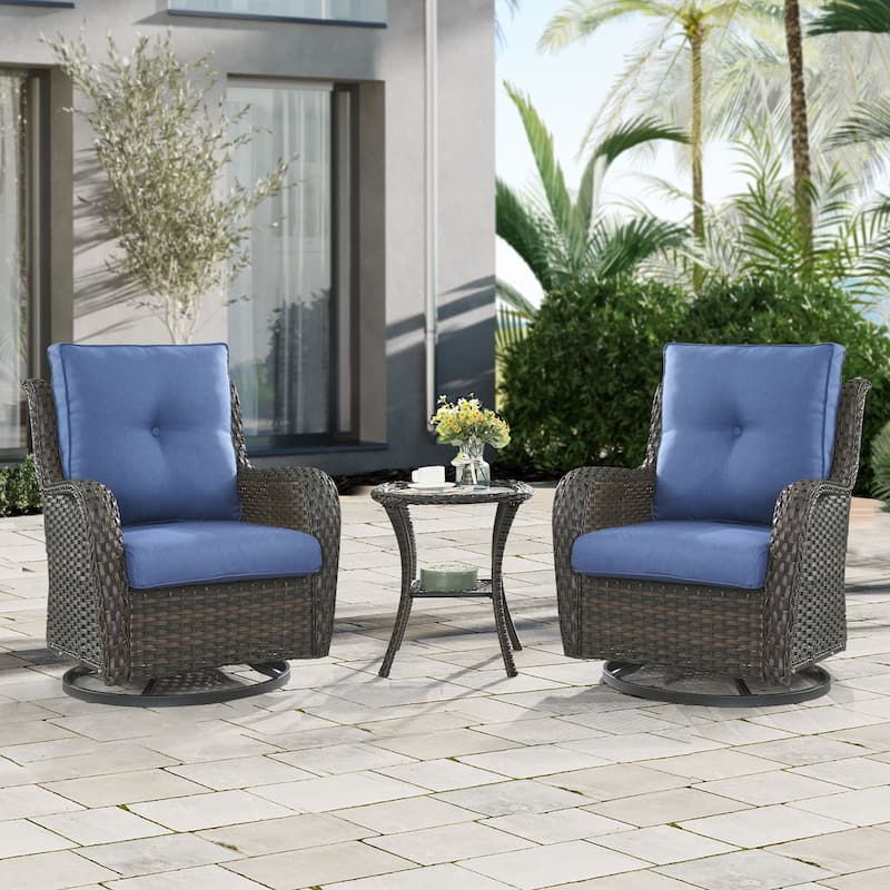 Gymojoy 3 Piece Outdoor Wicker Swivel Rocker with Cushion & Table - Brown Wicker / Blue Cusion