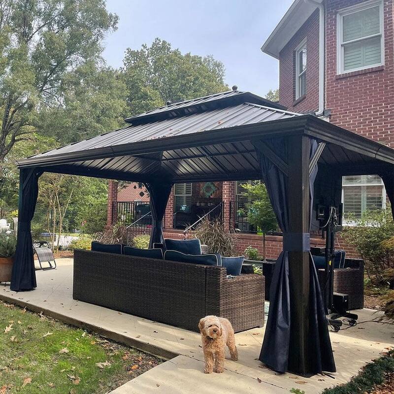 PURPLE LEAF Outdoor Hardtop Gazebo For Patio Bronze Aluminum Frame Pavilion With Navy-Blue Curtain