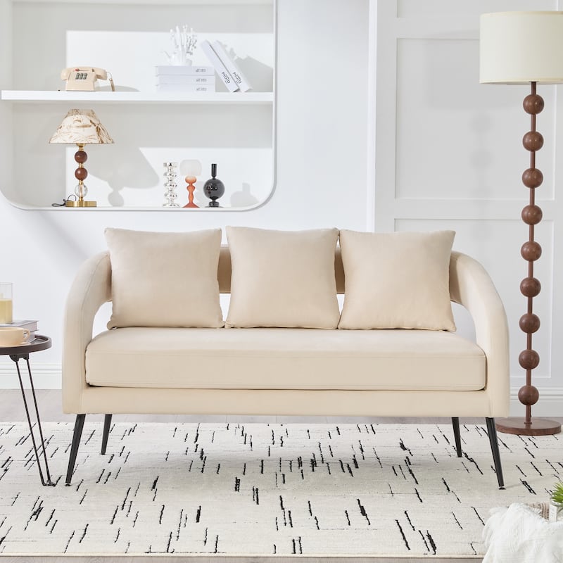 53.7 inch Modern Velvet Open Back Loveseat 3 Pillows 2 Seater Metal Legs Charcoal Small Space