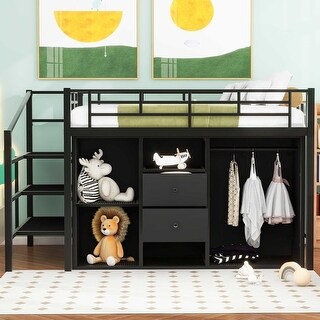 Metal Loft Bed with Drawers, Storage Staircase and Small Wardrobe for Kids, Boys and Girls, Bedroom