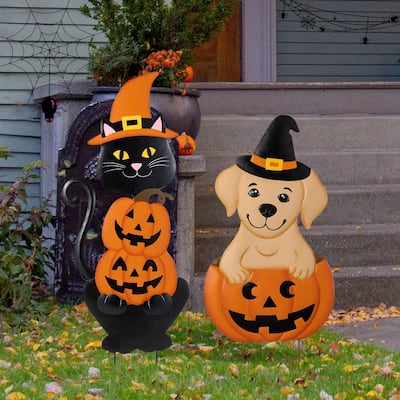 Glitzhome Halloween Metal Black Cat or Labrador in Pumpkin Yard Stake Wall Decor