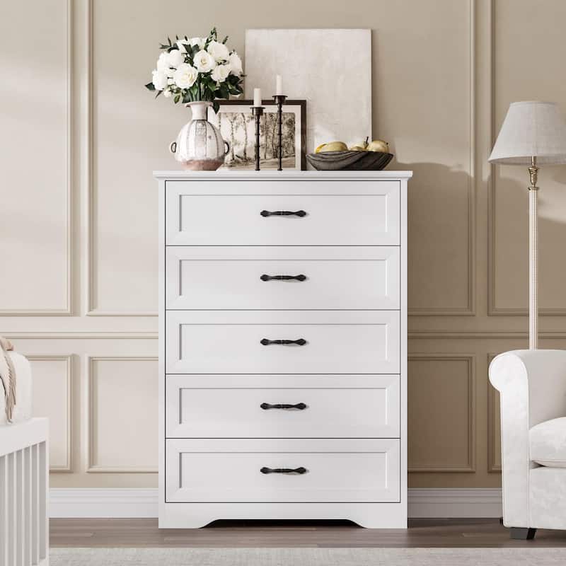 5/6 Drawers Dresser for Bedroom,Chest of Drawers with Wide Metal Handle,Farmhouse Modern Wooden Dresser - White - 5-drawer
