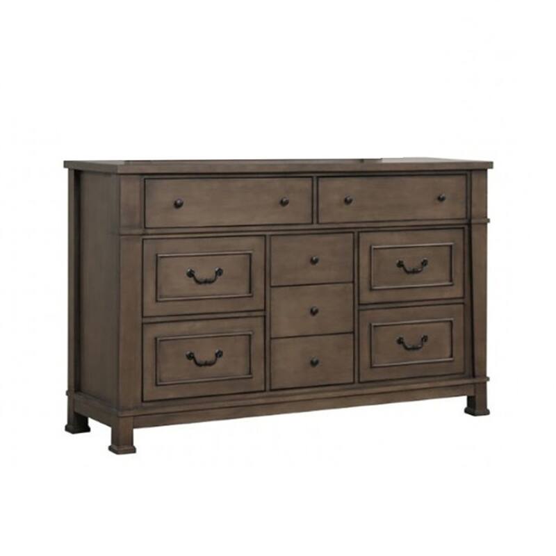 Huder Wide Dresser, 9 Drawers, Dark Walnut Brown Solid Wood, Black