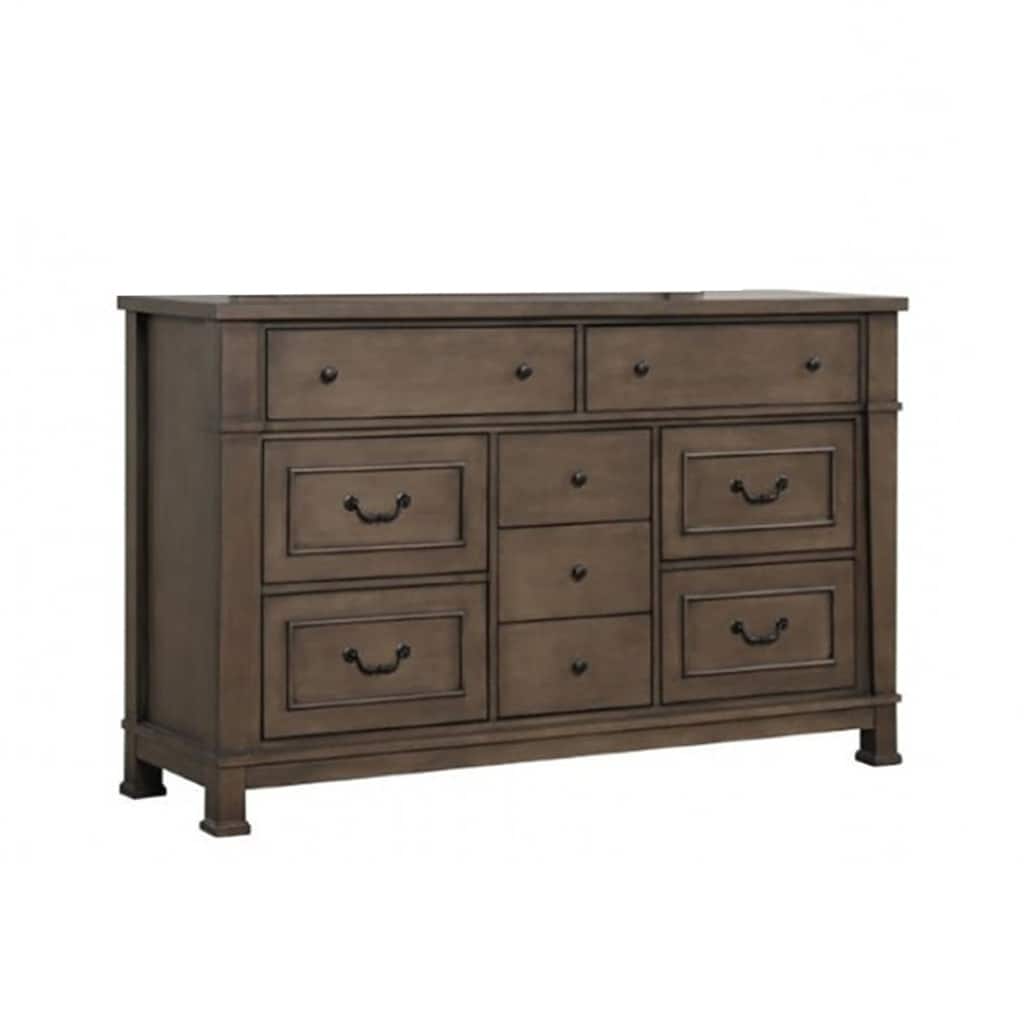 Huder Wide Dresser, 9 Drawers, Dark Walnut Brown Solid Wood, Black
