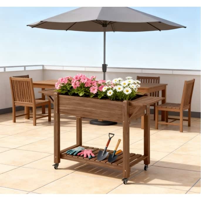 Elevated Garden Bed with Lockable Wheels and Side Tables, Wood Raised Planter Box with Bottom Shelf and Drain Holes