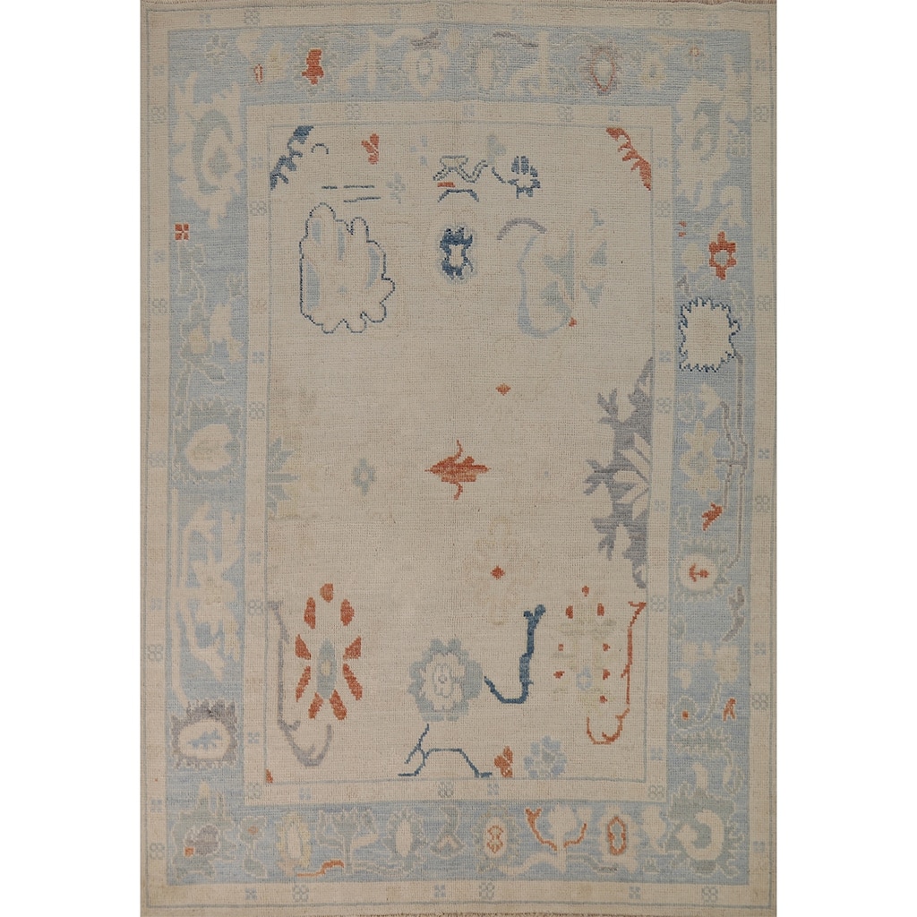 Vegetable Dye Beige Oushak Turkish Rug Hand-Knotted Wool Carpet - 5'2"x 7'0"