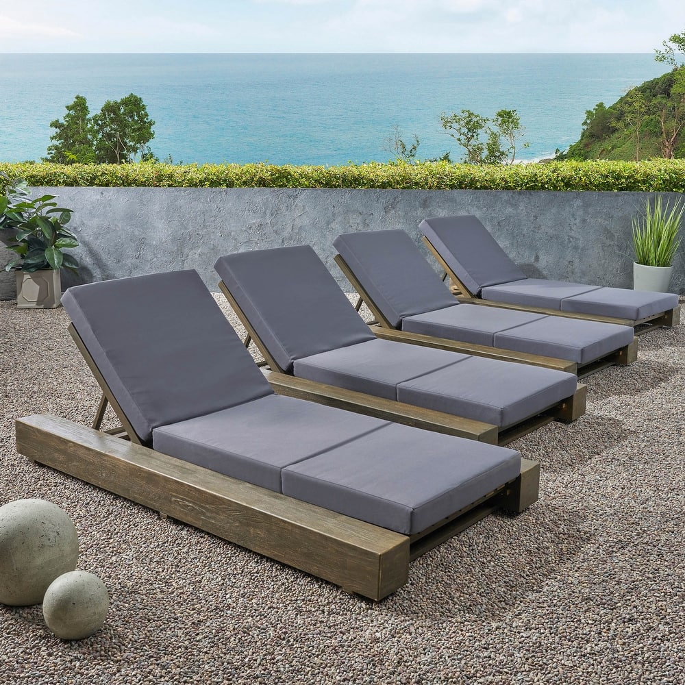 Christopher Knight Home - Broadway Acacia Wood Chaise Lounge with Adjustable Recline and Three Folds Cushion - 4-Piece