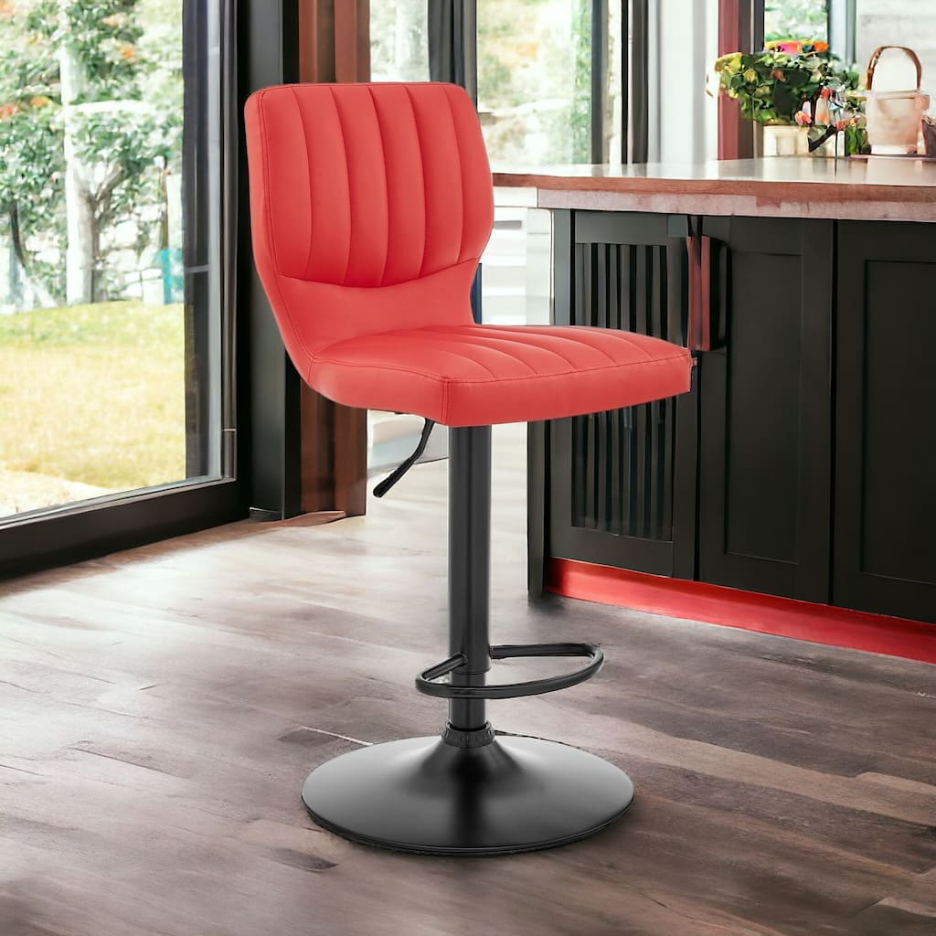 HomeRoots Red and Black Faux Leather And Iron Adjustable Height Swivel Bar Chair - 46" x 17" x 21"