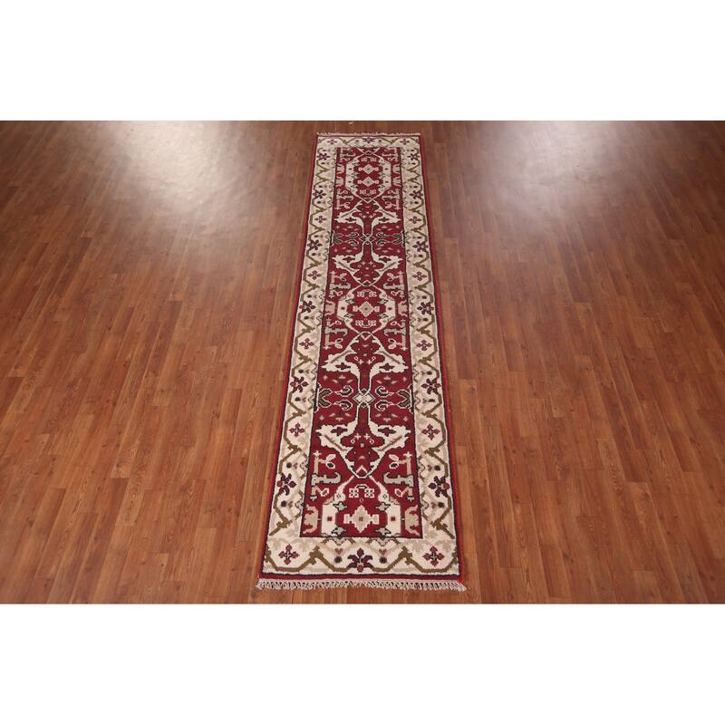 All-Over Red & Ivory Oushak Indian Runner Rug Handmade Wool Carpet - 2'6"x 9'9"