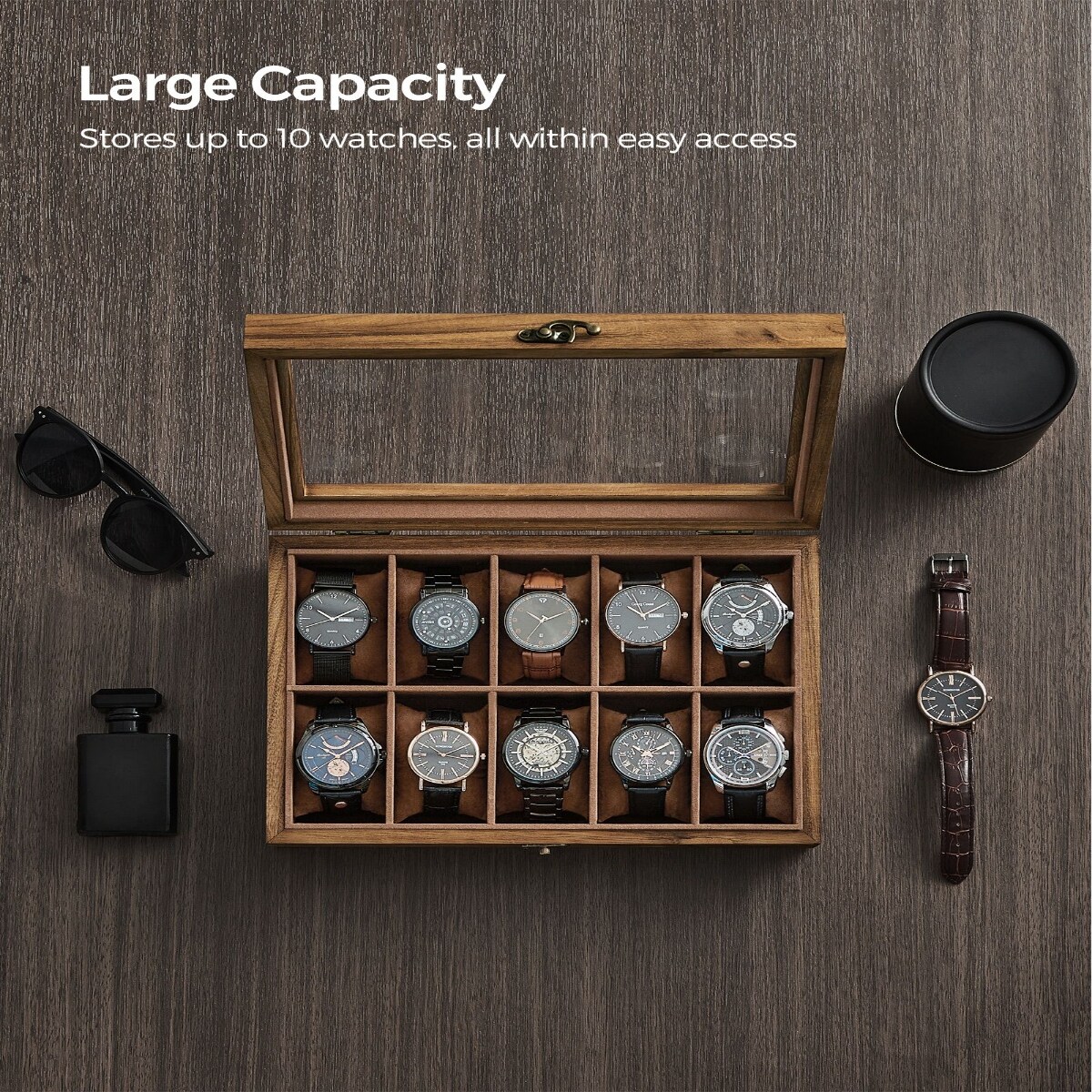 Uten Wood Watch Box, Watch Storage Case, Watch Organizer with Glass Display  Lid for Men, 3 Slots - Walmart.com, image size:1200x1200
