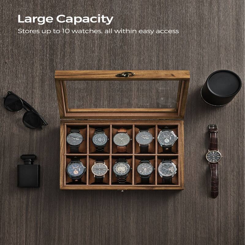 10 Slot Rustic Paulownia Wood Watch Box Case with Glass Top and Velvet Soft Lining for Men's Timepieces - 8.1"D x 11.4"W x 3.3"H