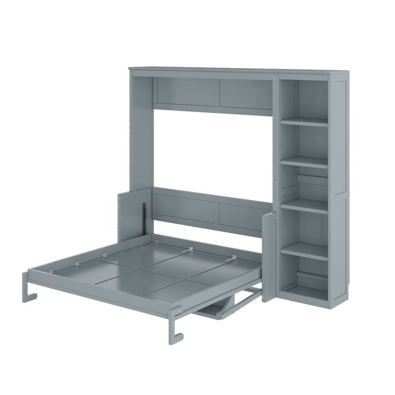 Wooden Murphy Bed Wall Bed with Storage Shelves and Built In Desk, Foldable Platform Bed Frame, Fold into The Wall