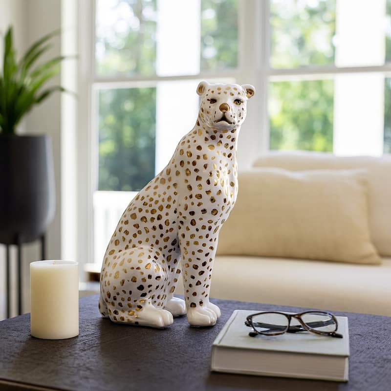 Ceramic Sitting Leopard Decorative Figurine - White - 8" x 5" x 11.25" - 8" x 5" x 11.25" - White