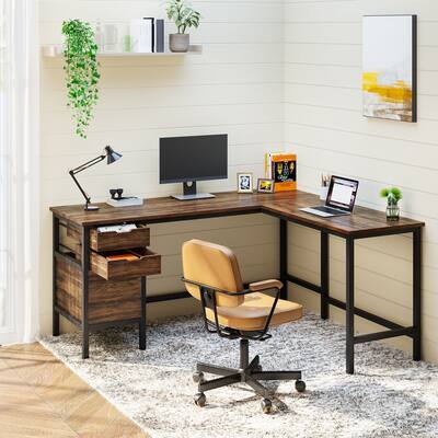59 Inch L-Shaped Computer Desk with Drawers, Corner Desk with File Cabinet for Home Office