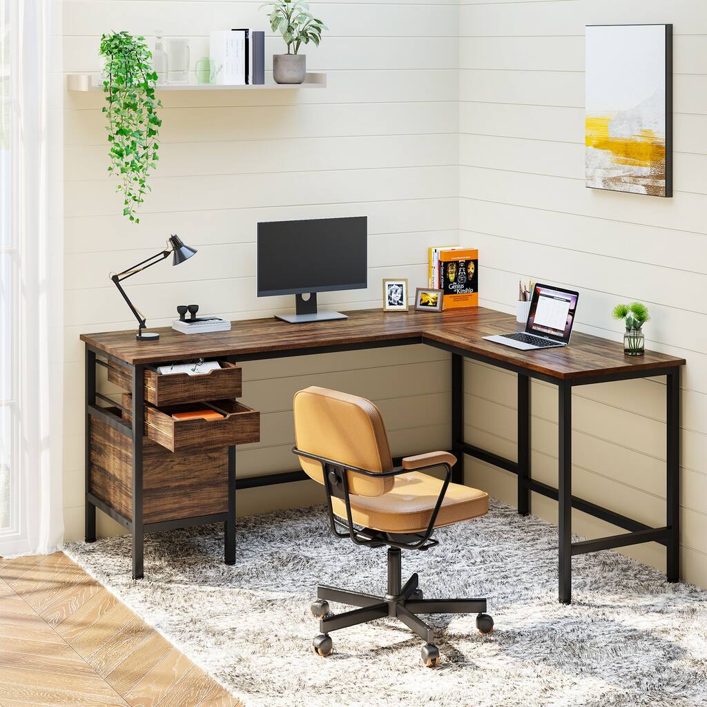 59 Inch L-Shaped Computer Desk with Drawers, Corner Desk with File Cabinet for Home Office