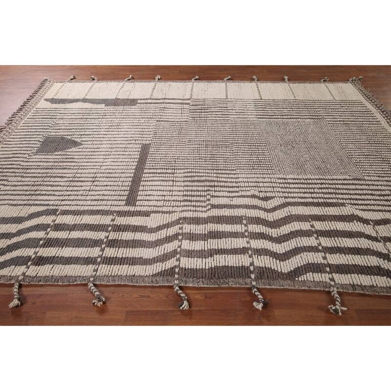 Striped Moroccan Oriental Area Rug Hand-Knotted Wool Carpet - 7'11"x 10'8"