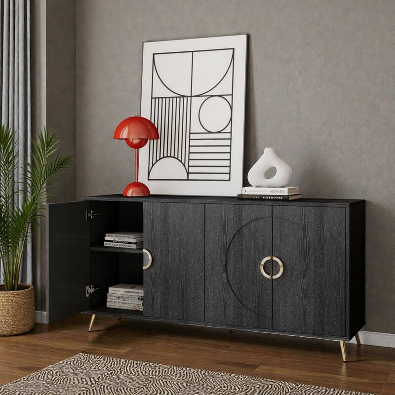 Modern Lacquered Sideboard Buffet Cabinet with 4 Doors, Distressed Wood Storage Cabinet with Adjustable Shelves