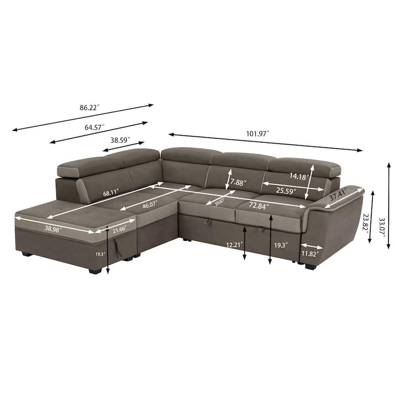 L Shaped Sectional Sofa with Pull Out Bed and Storage Compartment